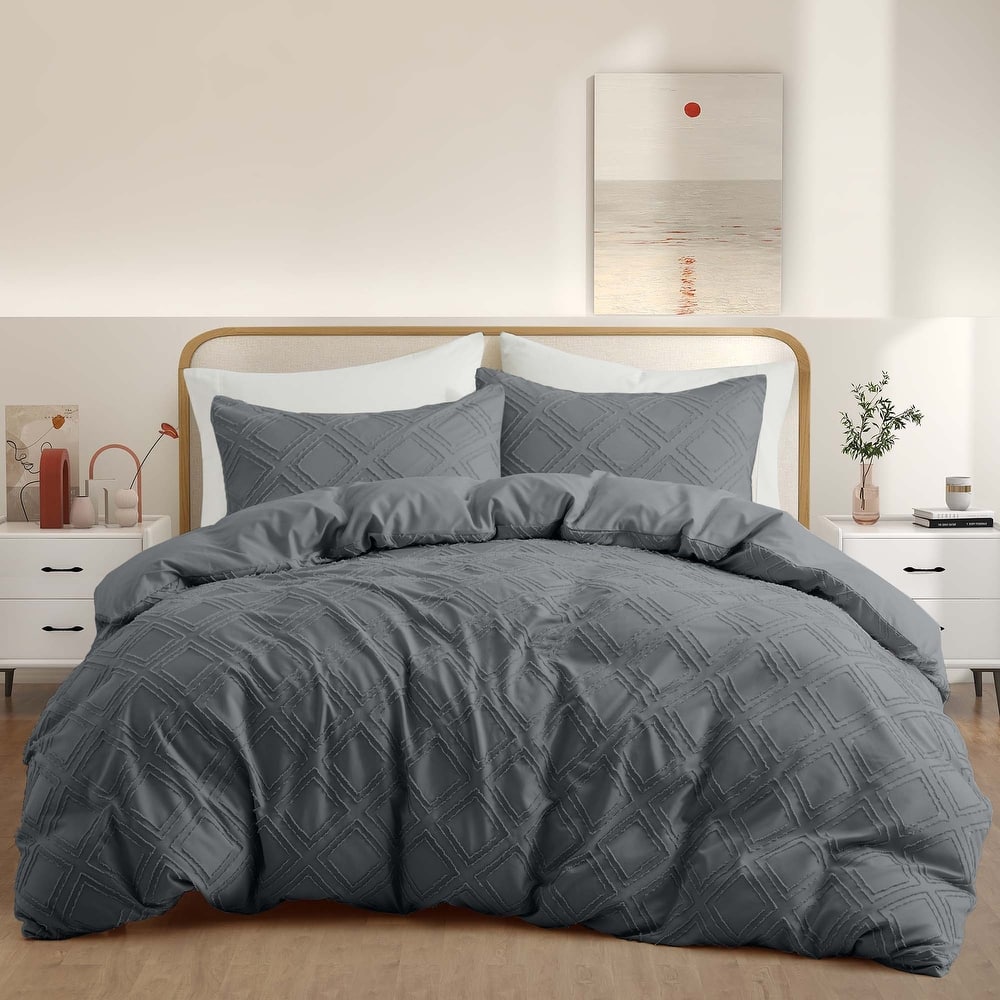 3 Piece Tufted Clipped Jacquard Geometric Oversized Duvet Cover Set