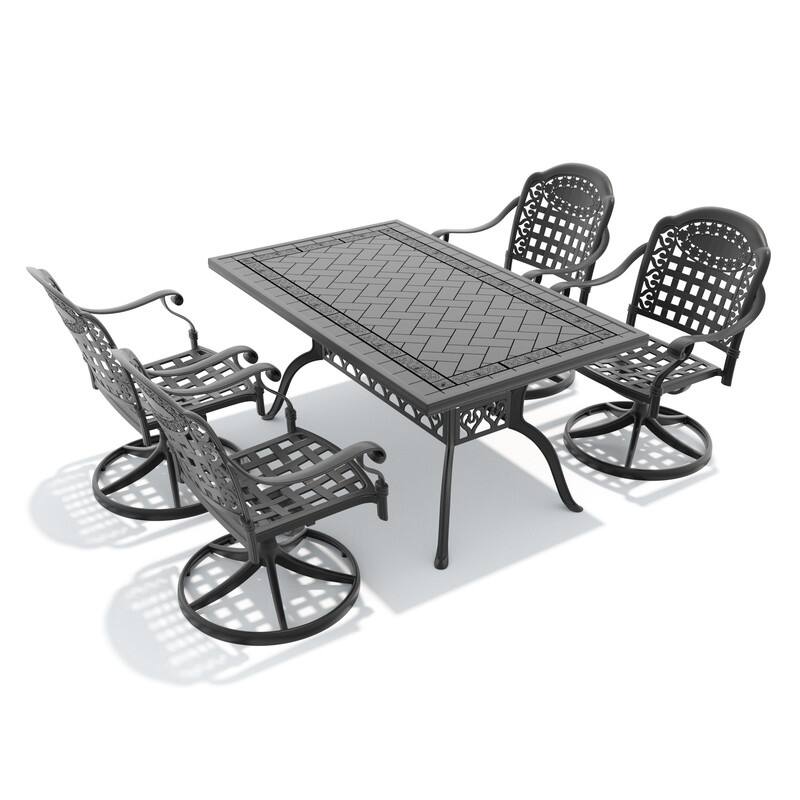 5-Piece Aluminum Rectangular Outdoor Patio Dining Set, 4 Cushioned Swivel Chairs, Table, All-Weather Frames