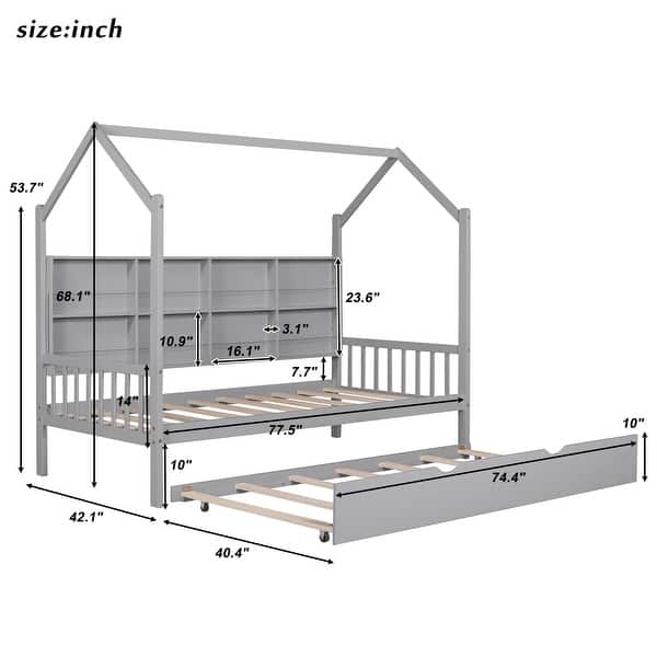dimension image slide 2 of 6, Semi-enclosed Wooden House Bed Frame with Pull Out Trundle Bed and Side Storage Shelf for Kids, Teens - No Box Spring Needed