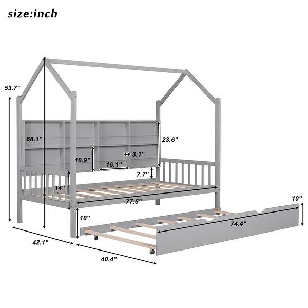 dimension image slide 1 of 3, Wooden Twin Size House Bed with Trundle and Shelf for Kids