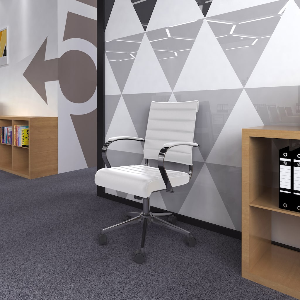 Office Chairs Mid Back Ribbed PU Leather Conference Room Tilt Work Desk Manager Task Executive Lumber Support Boss