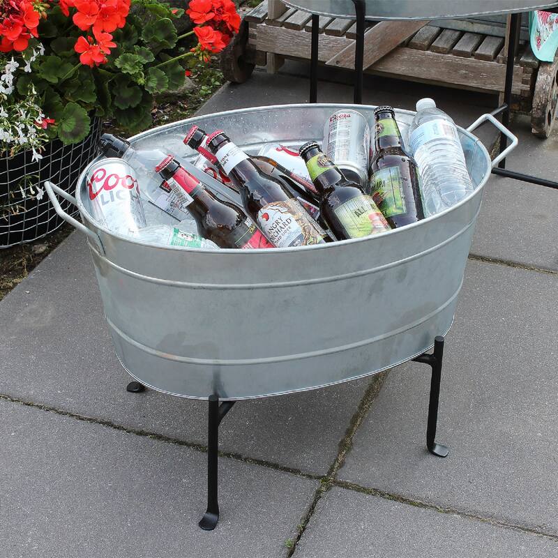 Achla Designs Classic Oval Galvanized Tub With Folding Stand, 24 Inch Wide, Steel - 24"