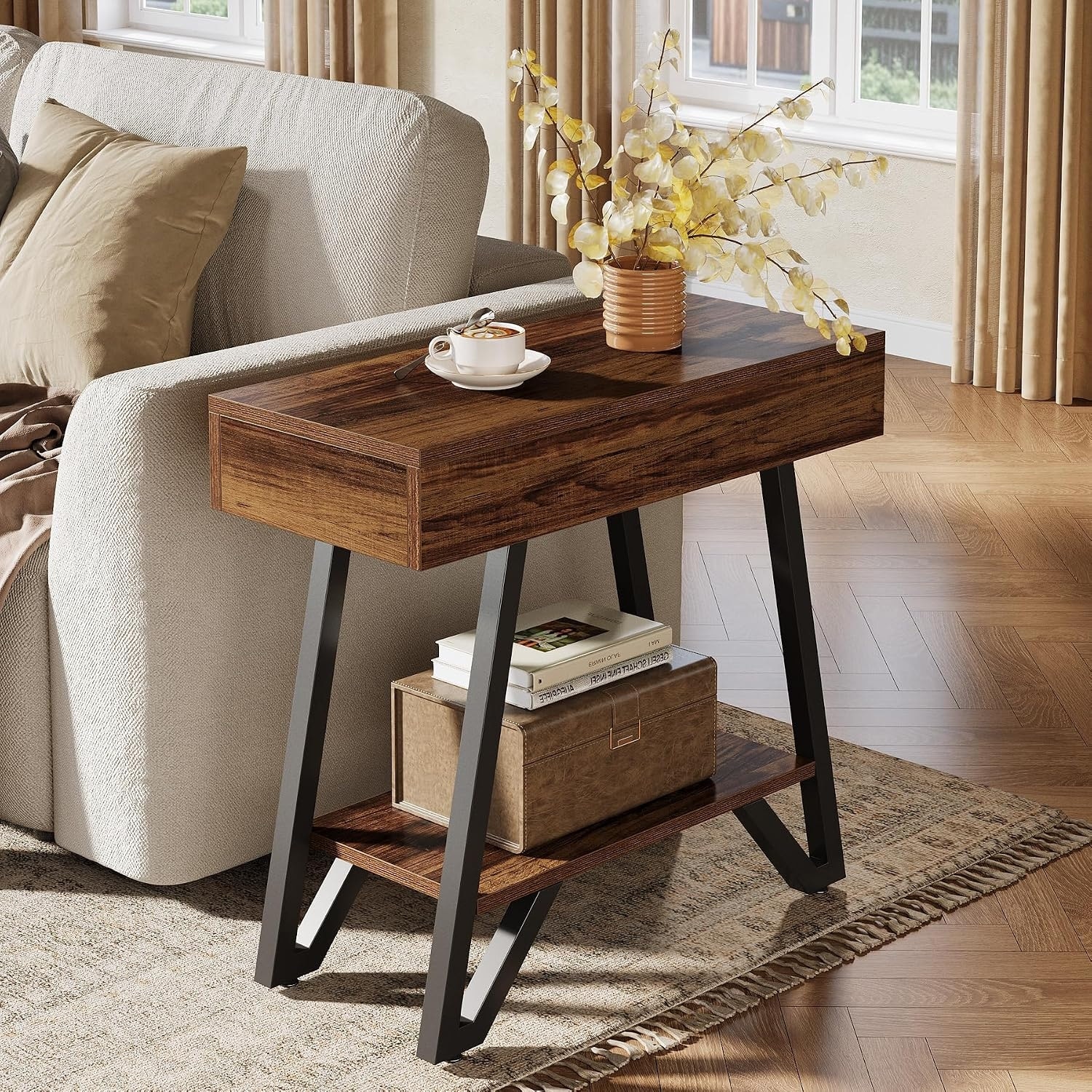 Wood and Metal End Tables for Living Room, 2-Tier Small Narrow Couch Side Table, Bedside Nightstand