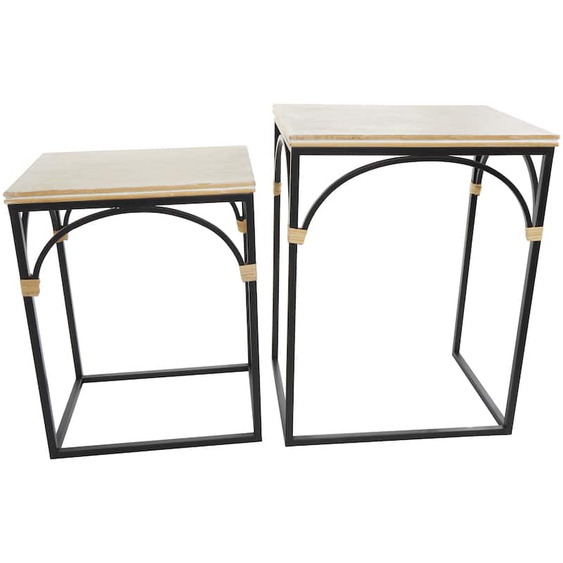 Metal Arched Side End Accent Table with Wood Zig Zag Patterned Top and Rattan Accents - Set of 2 Black - Roche River Decor - Black