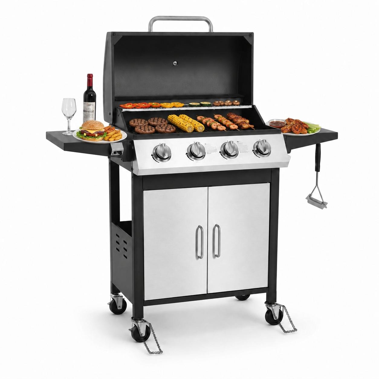 4-Burner 40000 BTU Stainless Steel Propane BBQ Grill w/ Side Tables