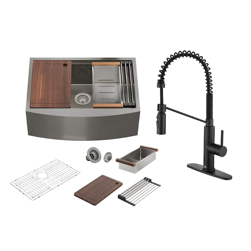 Farmhouse/Apron-Front Single Bowl 16 Gauge Stainless Steel Workstation Kitchen Sink with Accessories and Pull Down Faucet Sets - Sink + Matte Black Pull Down Kitchen Faucet