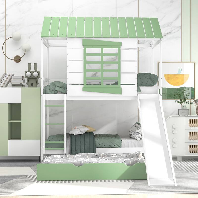 Convertible Twin Bunk Bed with Slide and Trundle, White and Green