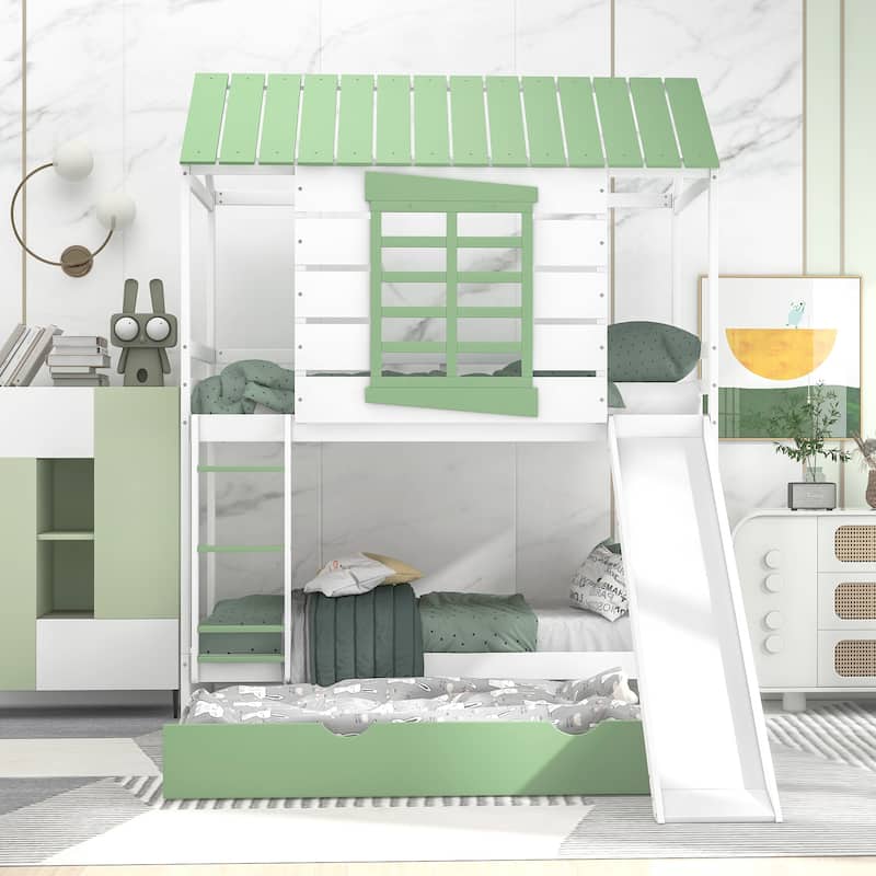 House Shaped Twin over Twin Bunk Bed with Slide, Trundle, and Full-Length Guardrail