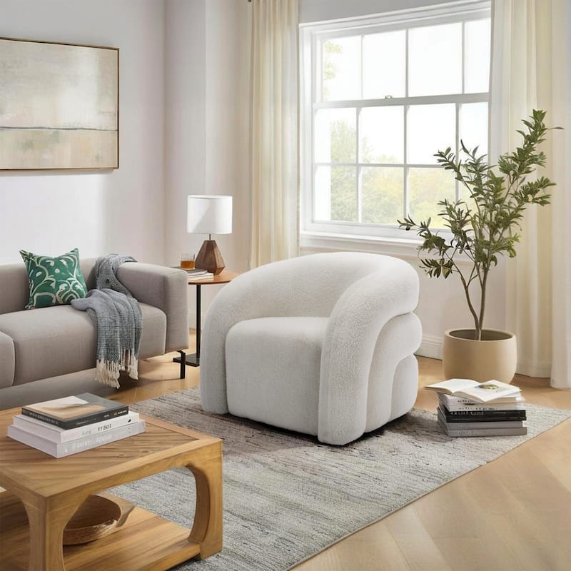 Upholstered Boucle Swivel Accent Chair - White