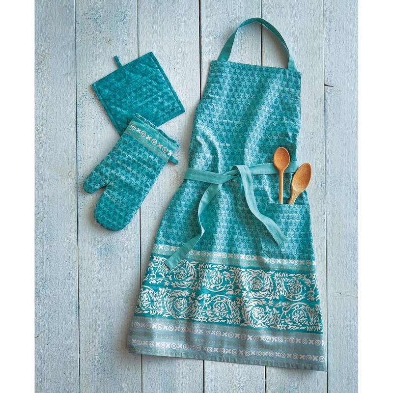 Neela Block Print Apron Cotton Hand Printed Kitchen Apron With 2 Pockets Halter Neck Ties Waist Ties, Blue