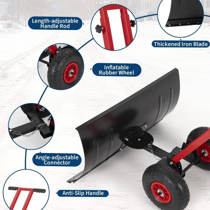 29.13x16.54 in Heavy Duty Rolling Snow Pusher Shovel for Driveway, Doorway, Sidewalk