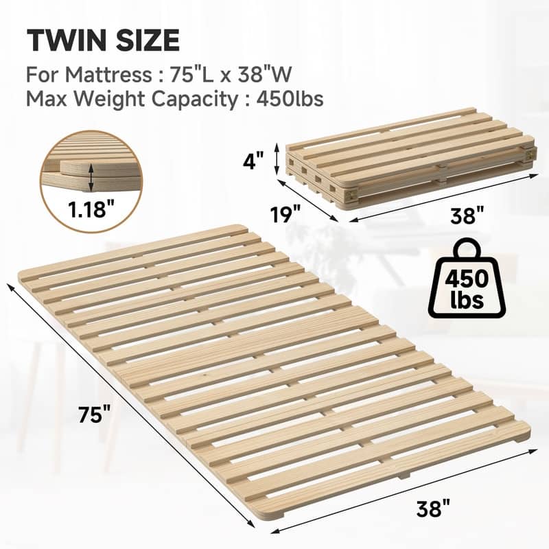Solid Pine Wood Foldable Slatted Bed, Tatami Mat Floor Sleep Bedding