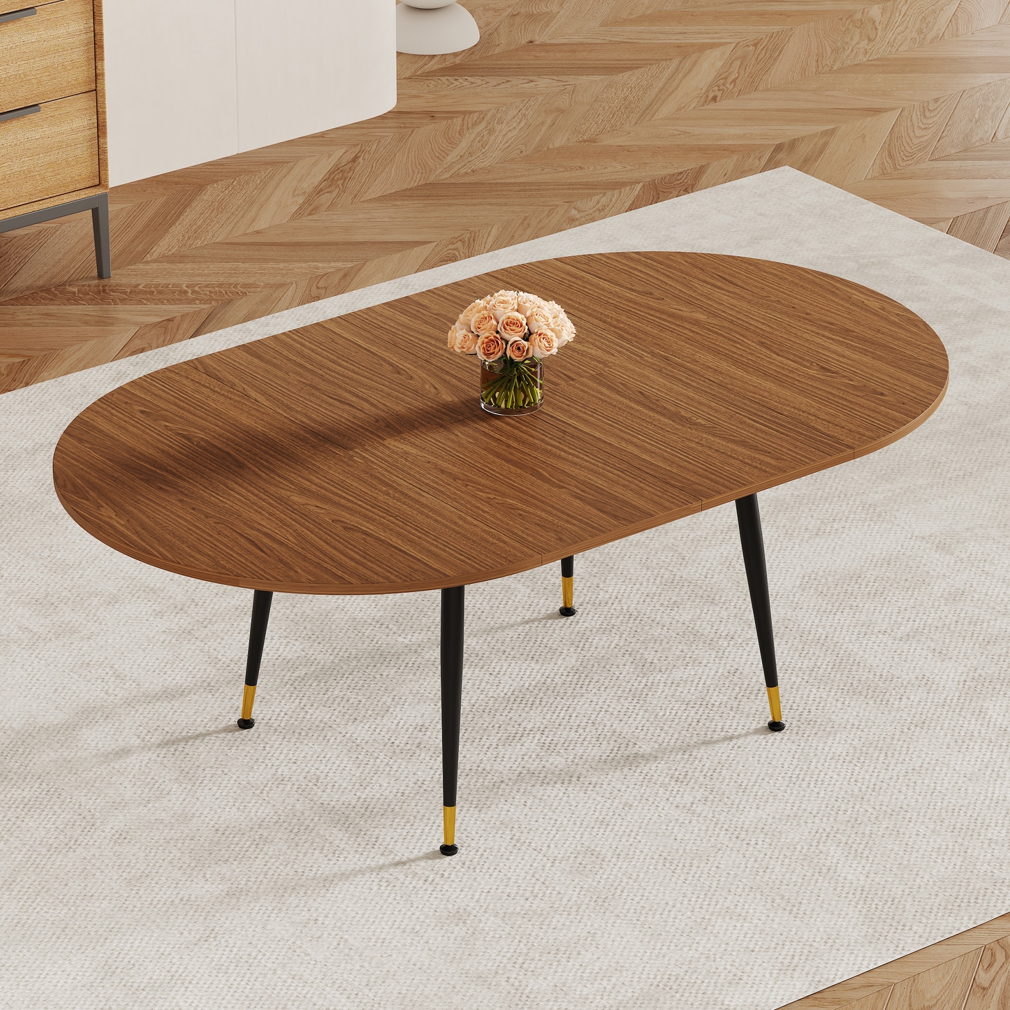 Walnut Oval Extendable Dining Table, MDF Top Modern Expandable Kitchen Table with Sturdy Metal Legs, Seats 6-10 People