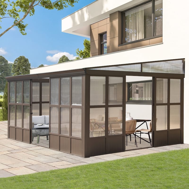 Domi Wall-Mounted Sunroom with Sloped PC Roof and Lockable Sliding Doors