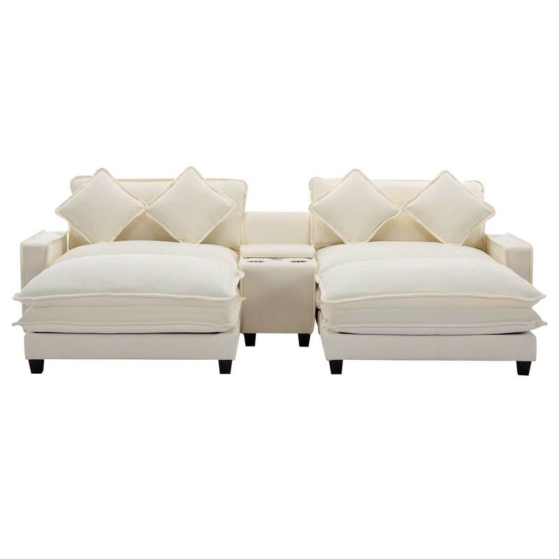 112.6 "Chenille Upholstered Sofa, Two Removable Ottomans, Two USB Ports