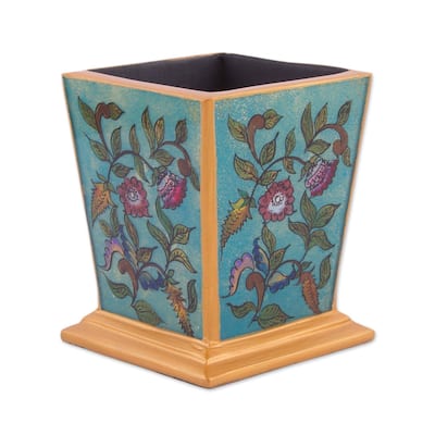 Handmade Flowering Companion Reverse-Painted Glass Pencil Holder (Peru) - 3.9" H x 3.3" W x 3.3" D