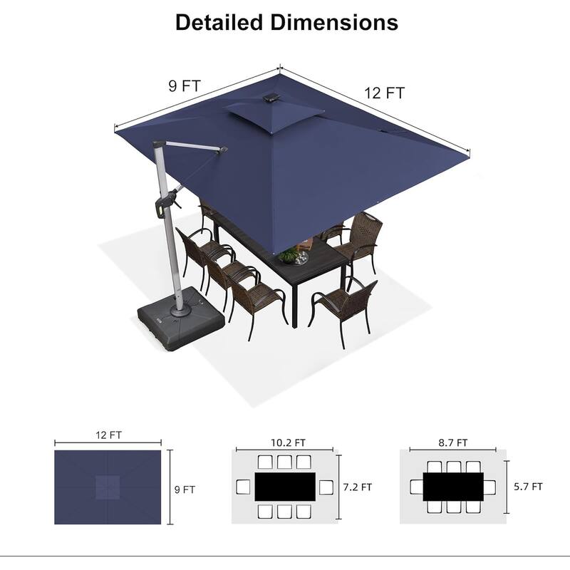PURPLE LEAF 9/10/11 ft Square 09x12 ft Rectangle Double Top LED Patio Cantilever Umbrella with Base