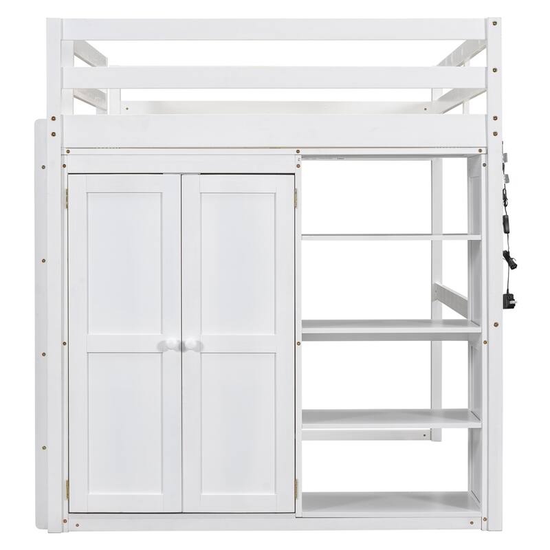 Wood Full Size Loft Bed with Built-in Wardrobe and Storage Shelves