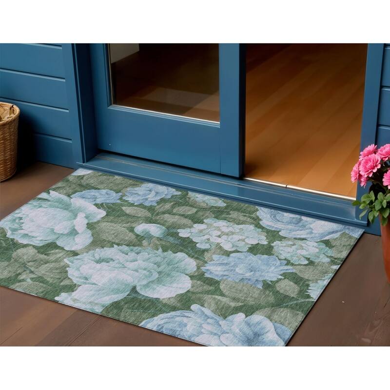 HomeRoots Floral Transitional Rectangle Outdoor Rug - Brown/Blue - 3' x 5'