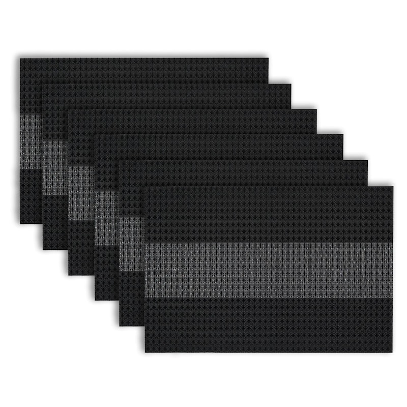 Dainty Home Milan Woven Vinyl Reversible Rectangular Placemat Set Of 6 - 12" x 18" - Black and Silver