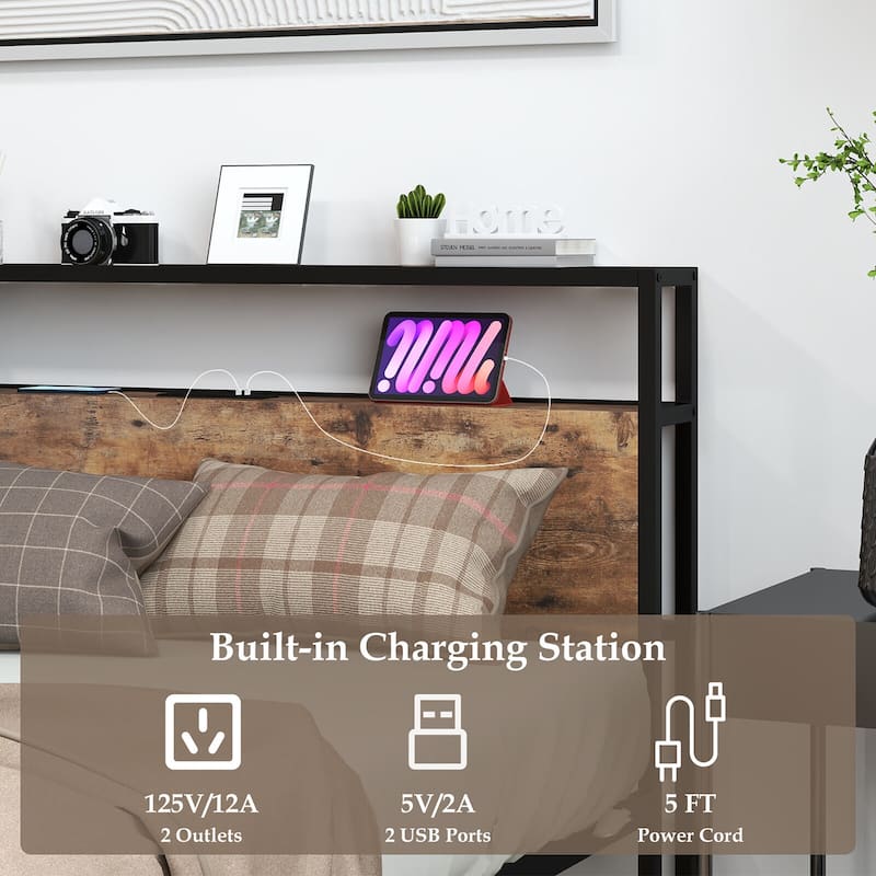 Gymax Full Size Industrial Platform Bed Frame with Charging Station