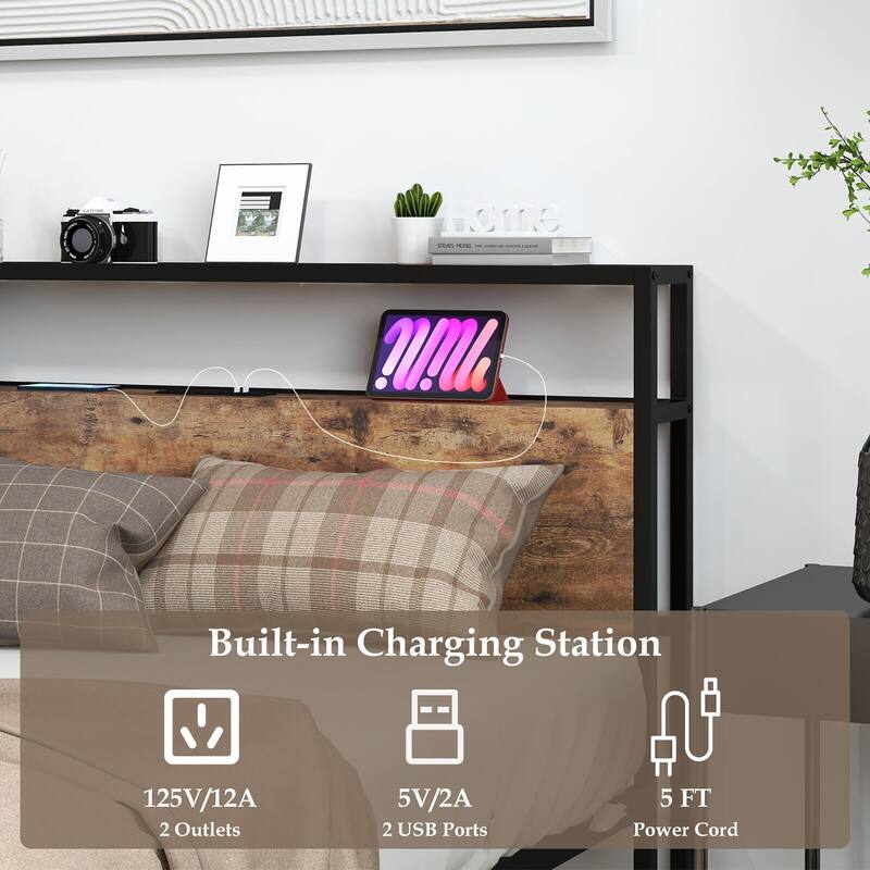 Gymax Queen Size Industrial Platform Bed Frame with Charging Station