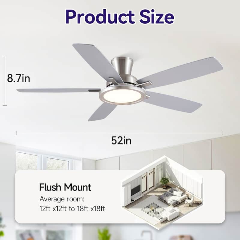 52/54 Inch Flush Mount Low Profile Ceiling Fan with Light,Remote and App Control