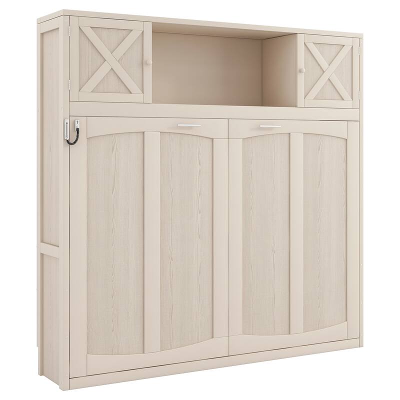 Full Size Murphy Bed Space Saving Cube Cabinet Bed Frame with Top Storage Bookcase Cabinets, Foldable Platform Bed Frame