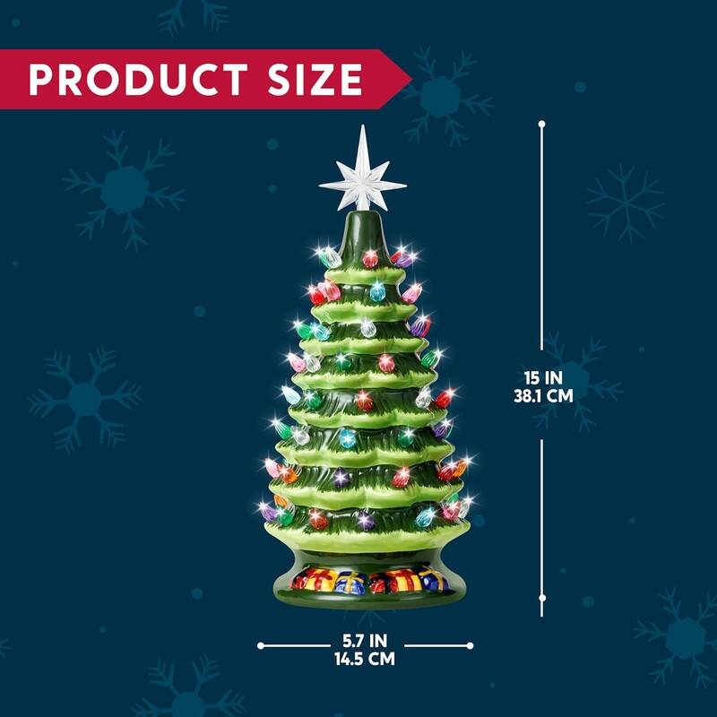 15 in. Tall Green Ceramic Pre-lit Tabletop Christmas Tree with Gift Box - Multicolor
