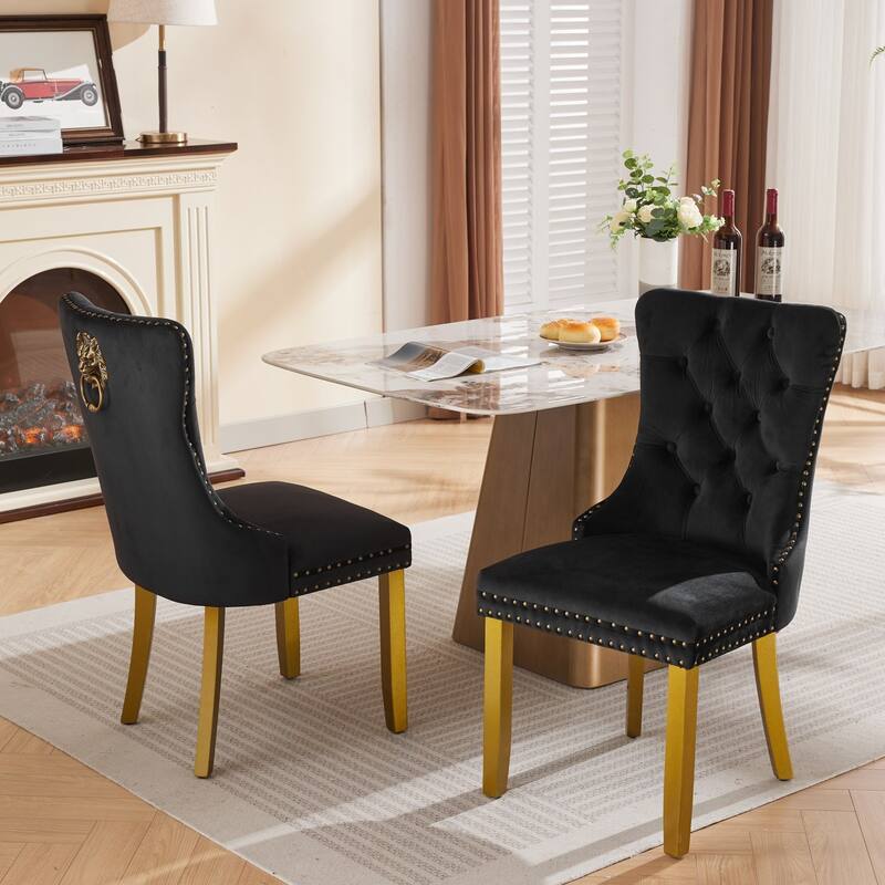 Velvet Dining Chairs Set of 2, Tufted Dining Chairs with Nailhead Trim, Kitchen Chairs with Lion Head Pulls Ring & Wooden Legs