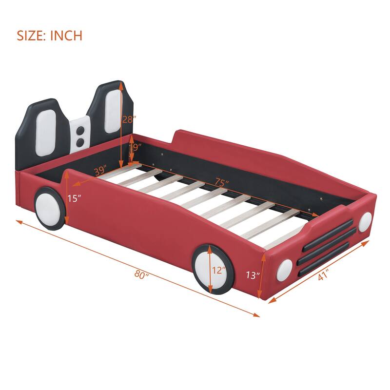 Red Twin Size Race Car-Shaped Platform Bed with Wheels