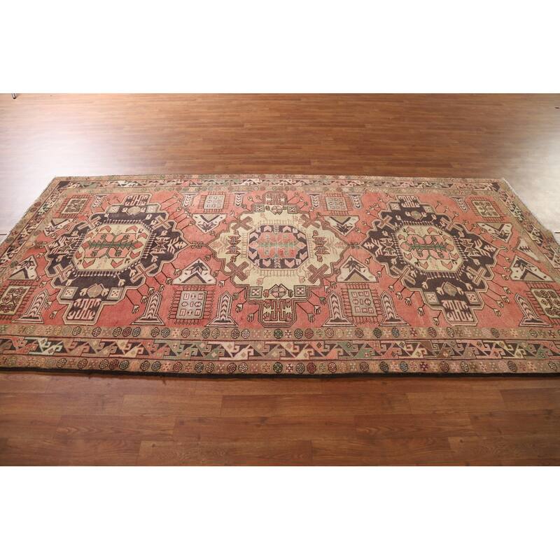 Pink Geometric Meshkin Persian Vintage Area Rug Handmade Wool Carpet - 4'11"x 9'10"