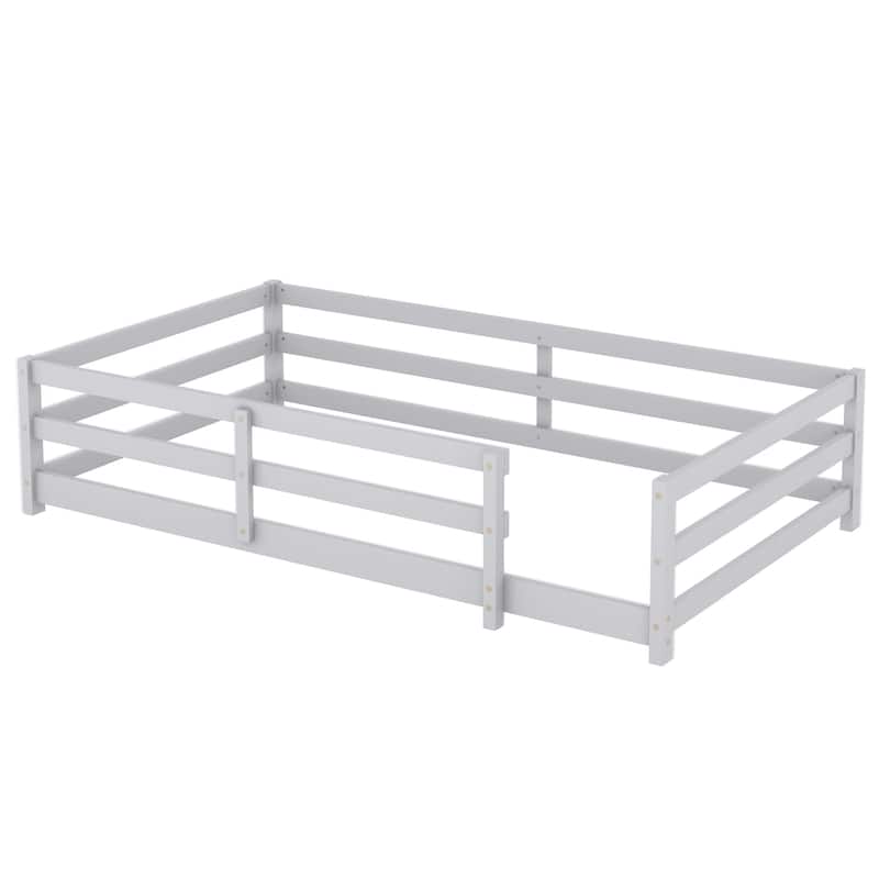Toddler Montessori Bed Kids Floor Bed Frame with Fences, No Slats Wood Frame Bed for Kids Girls Boys Children's Room