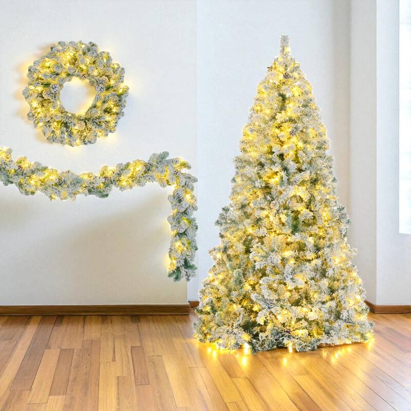 6ft Snow Flocked Pre-Lit Christmas Tree with Garland and Wreath, Hinged PVC Tree with LED Lights and Pine Cones