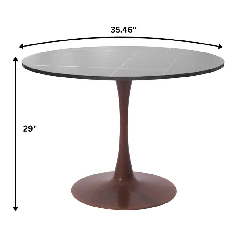 Bristol 35" Round Dining Table with Sintered Stone Top and Walnut Steel Pedestal Base for Modern Kitchen and Dining Room