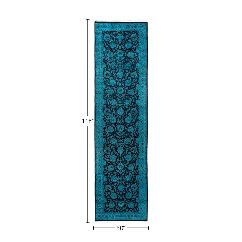 Fine Vibrance, One-of-a-Kind Hand-Knotted Runner Rug - Blue, 2' 6" x 9' 10" - 2' 6" x 9' 10"
