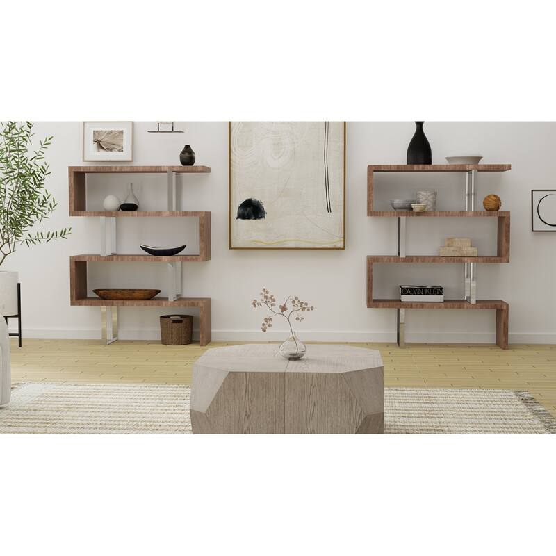 Cube Collection Oak Veneer Display Bookshelf with Metal Accents