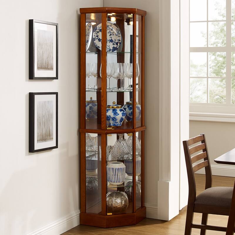 Corner Curio Cabinet with Lights, Floor Standing Display Cabinet, China Cabinet with Tempered Glass Shelves & Mirror Back