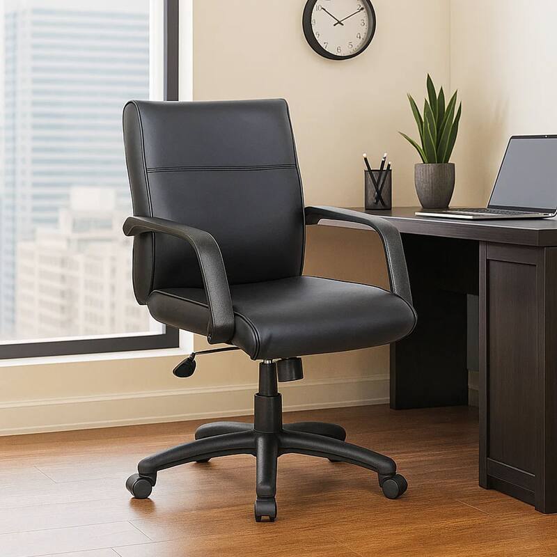 Rolling Executive Armchair, Black Faux Leather, Lumbar Support, Swivel