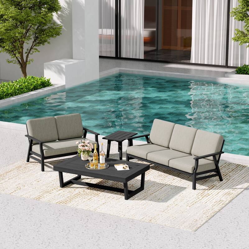 Teak Outdoor Seating Set with Daybed & Tables.