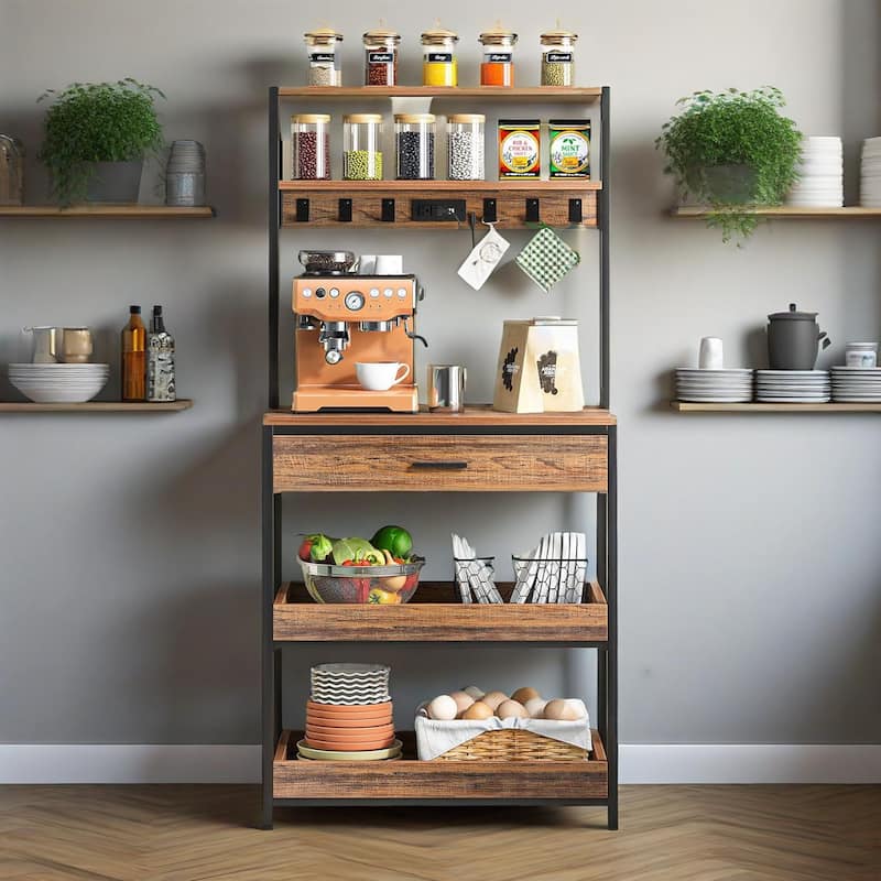 5-Tier Kitchen Bakers Rack with Power Outlets USB Ports, Metal Frame & Particleboard Shelves, Pull-Out Drawer