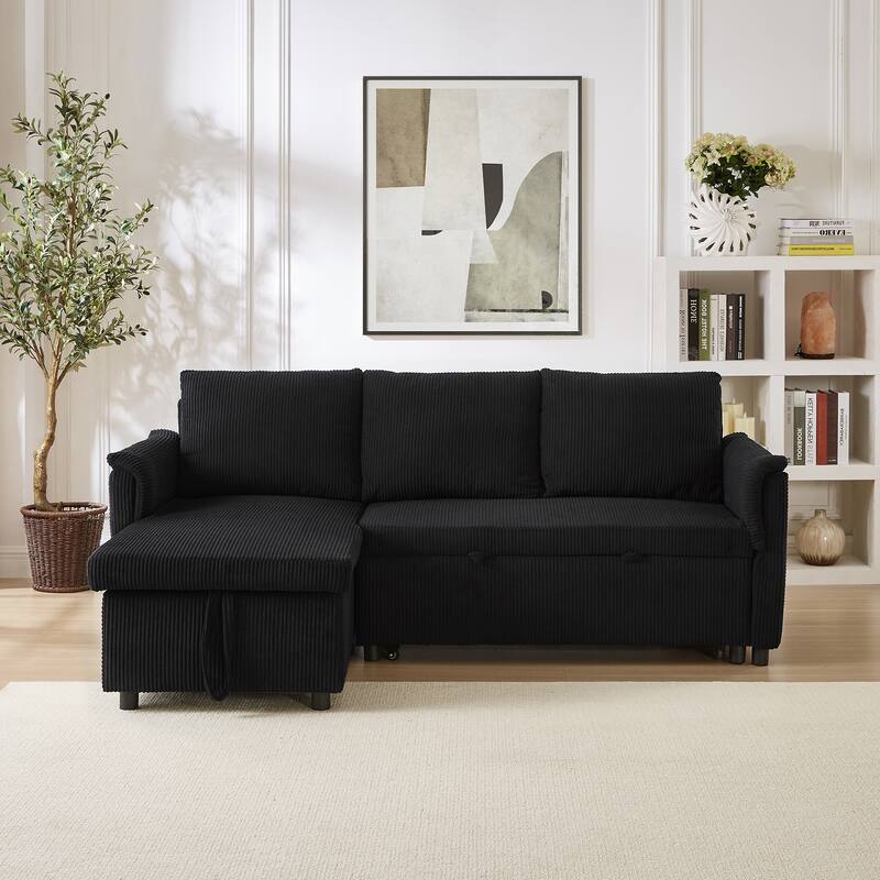 Corduroy L-Shape Sofa Convertible Sofa with Pull Out Sleep Bed