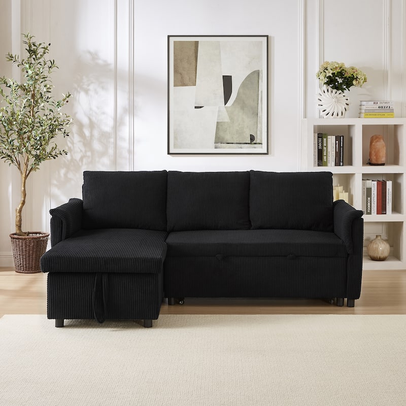 Modern 2-Seater Sofa L-Shaped Sleeper Sofa with 2 Pillows Storage Chaise and Adjustable Backrest, for Living Room, Black