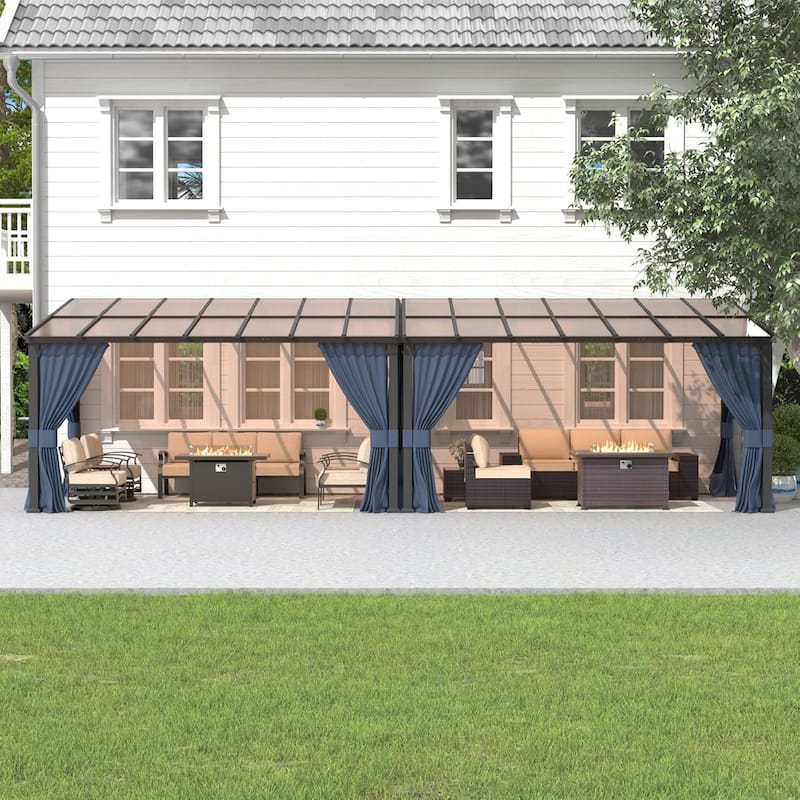 Wall Mounted Gazebo, Hardtop Permanent Outdoor Shade Canopy with Curtains for Deck, Backyard, Patio