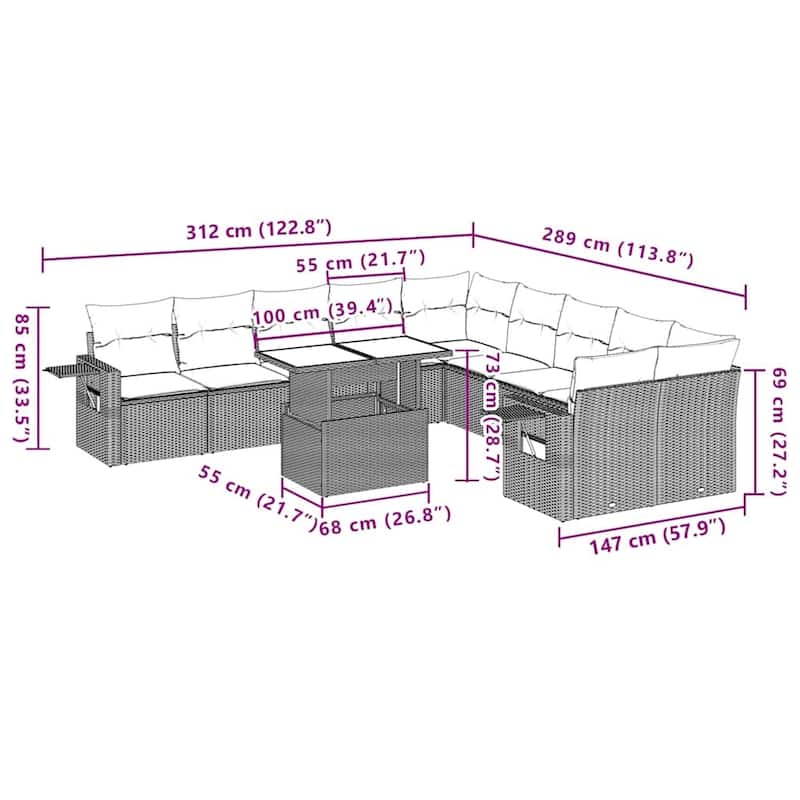 vidaXL Patio Sofa Set with Cushions Outdoor Furniture 11 Piece Poly Rattan - 24.4 x 24.4 x 27.2