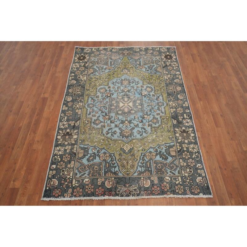 Hand Knotted Oriental 100% Wool Carpet Traditional Medallion Navy Blue & Blues Bakhtiari Area Rug - 6' 7'' X 4' 4''