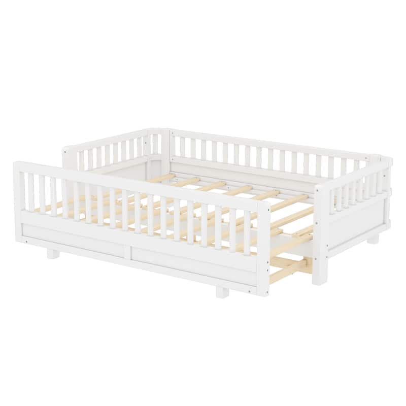 Twin XL Size Platform Bed with Guardrails, Solid Wood Twin XL Bed Frame, Can Be Converted into a Queen Platform Bed, White