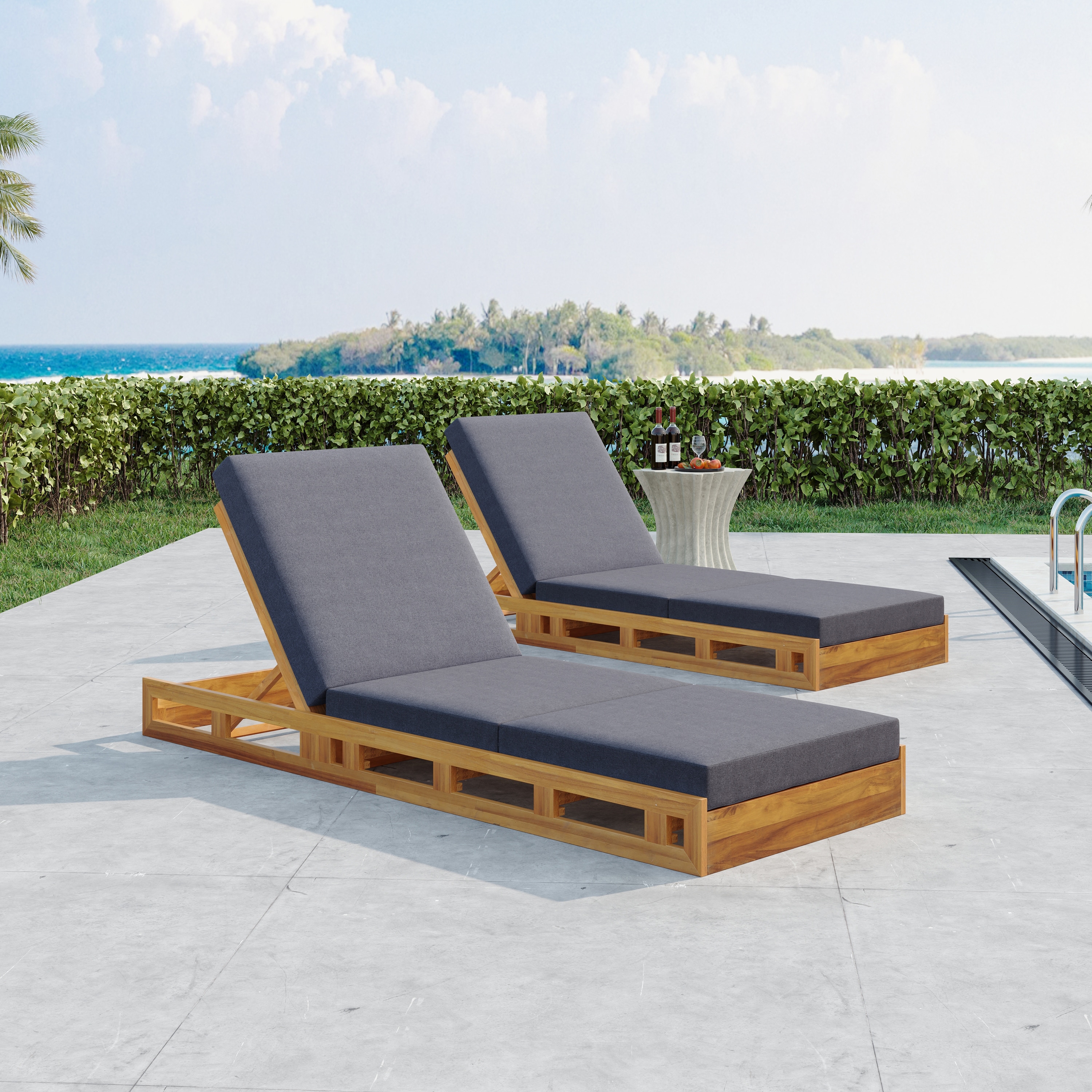 Roomfitters Outdoor Acacia Wood Chaise Lounge with Dark Grey Triple-Fold Cushions Teak Finish