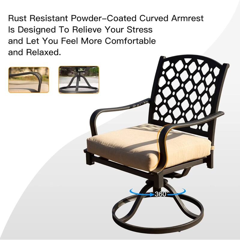 Outdoor 7 pcs Patio Dining Set, Metal Dining Table, Swivel and Dining Chairs Conversation Set with Removable Beige Cushi