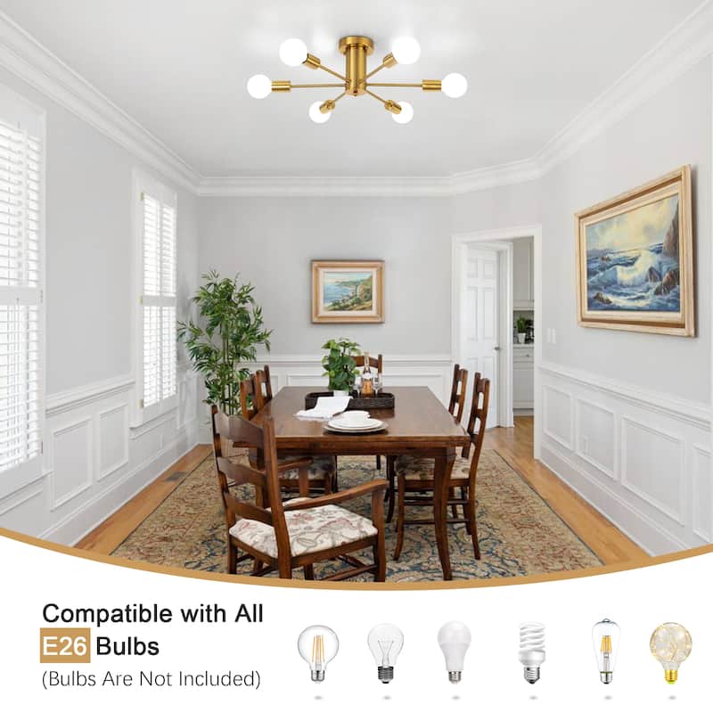 6-Light Modern Industrial Sputnik Semi-Flush Mount Ceiling Light - N/A